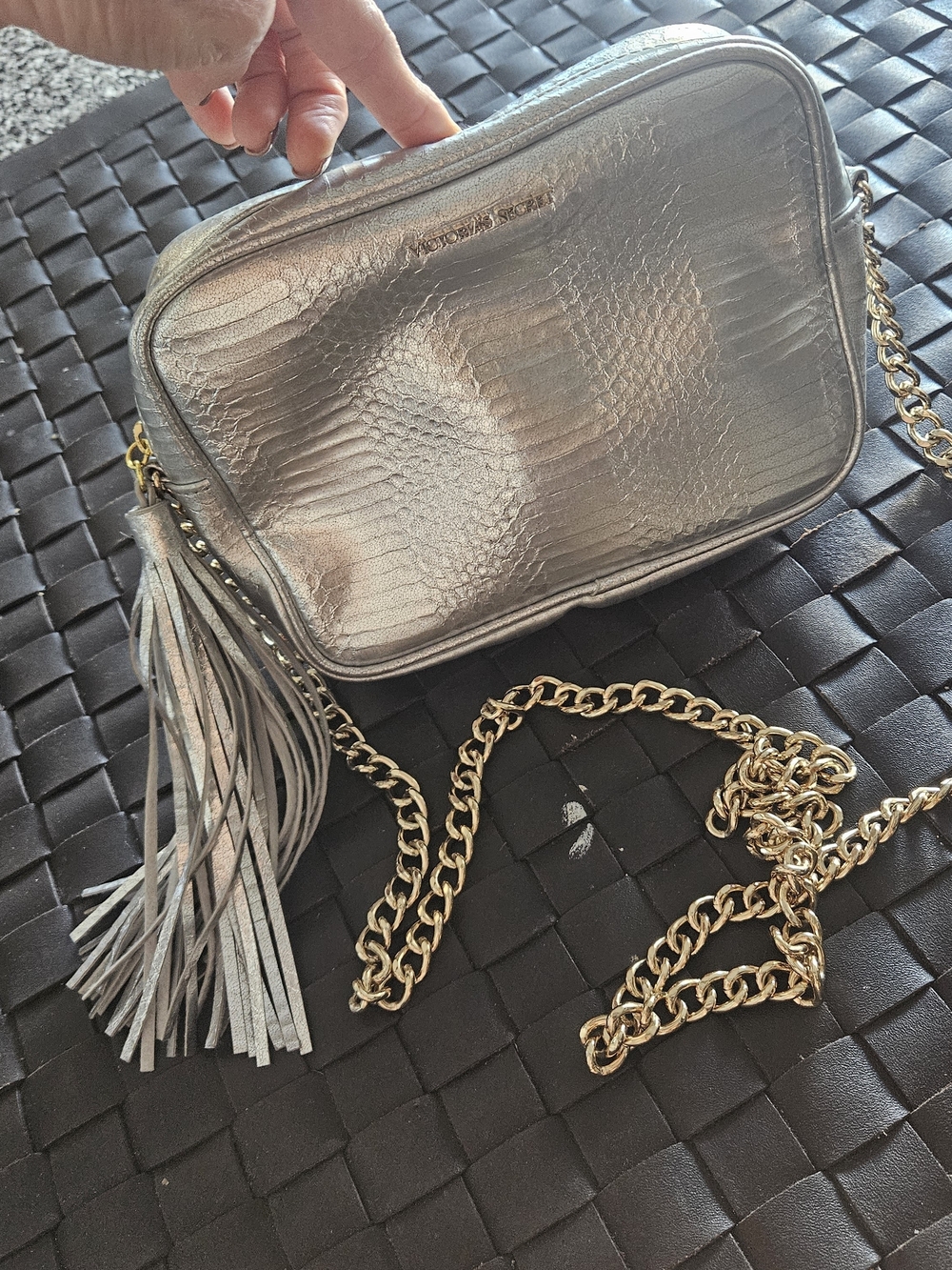 Victoria's Secret Silver Metallic Crossbody Bag with Gold Chain & Tassel